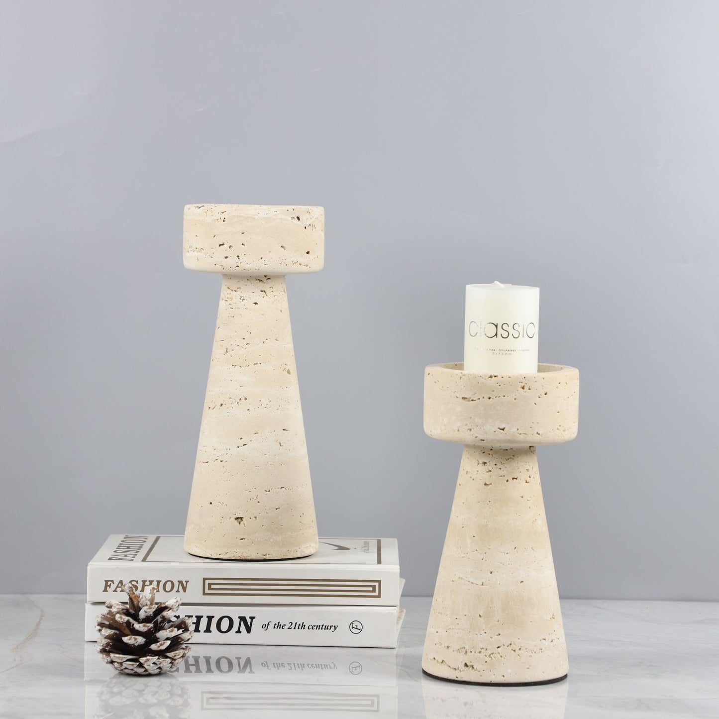 Monolith Travertine Pedestal Candle Holder - Crisp Habitat