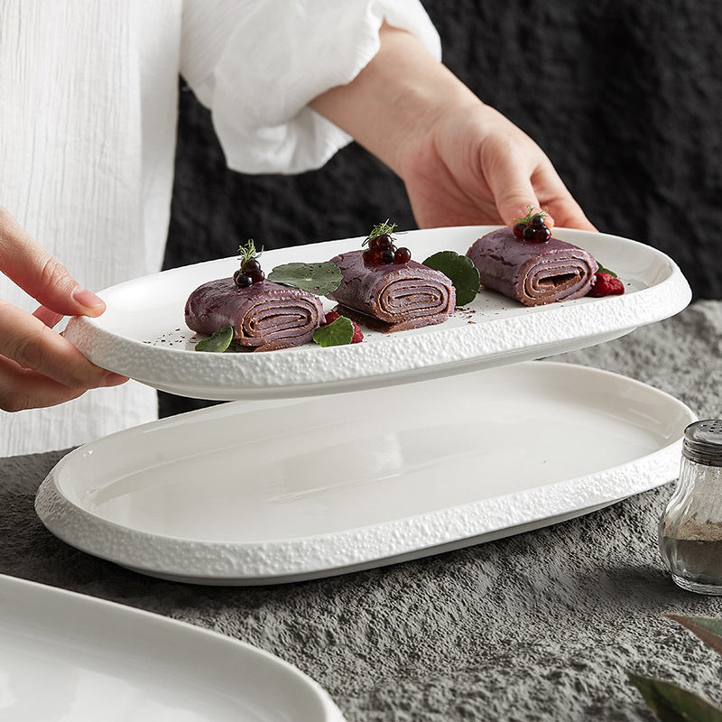 Elegant Stone Edge Ceramic Oval Plate - Crisp Habitat
