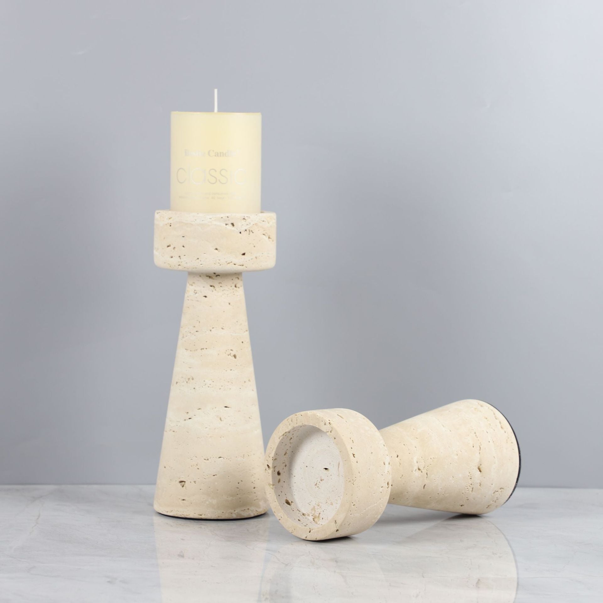 Monolith Travertine Pedestal Candle Holder - Crisp Habitat