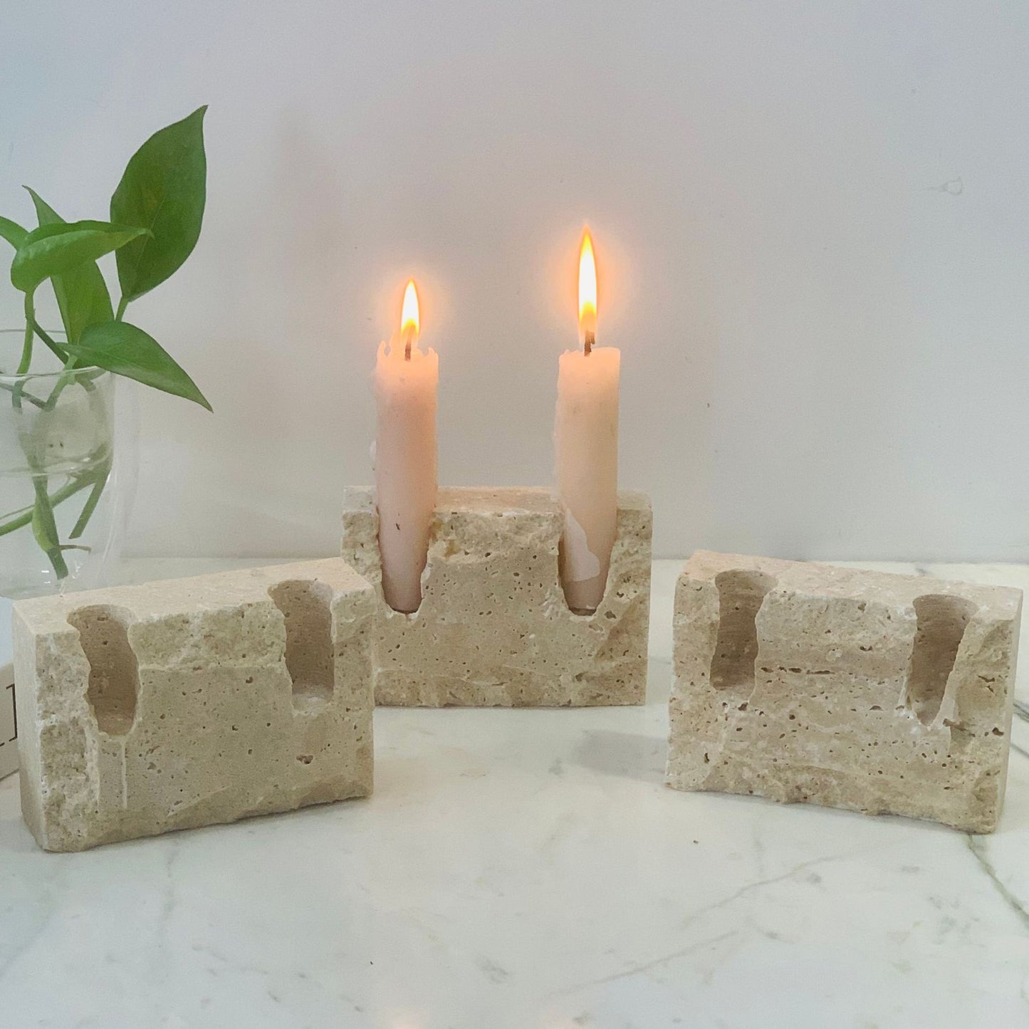 Monolith Travertine Dual Candle Holder - Crisp Habitat