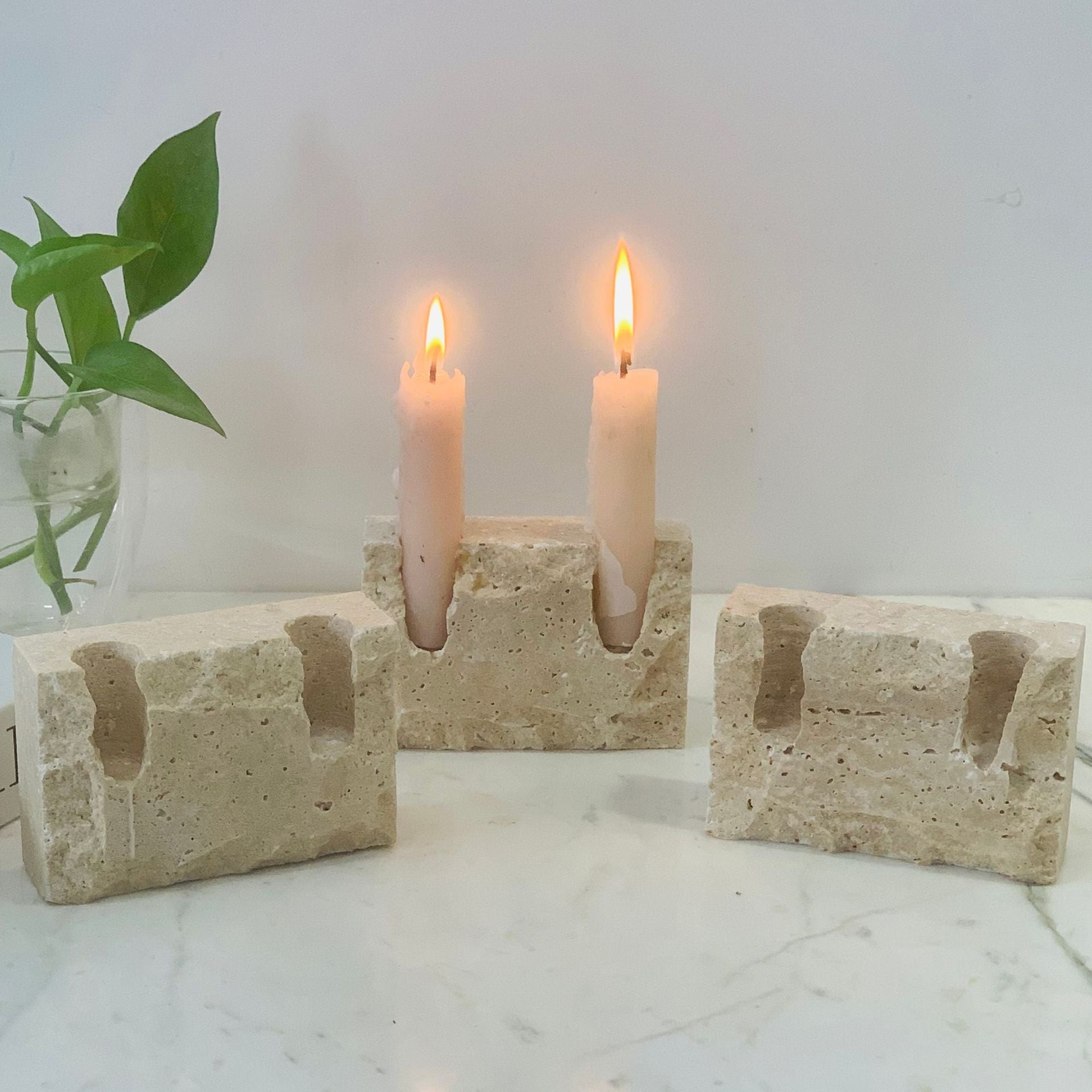 Monolith Travertine Dual Candle Holder - Crisp Habitat