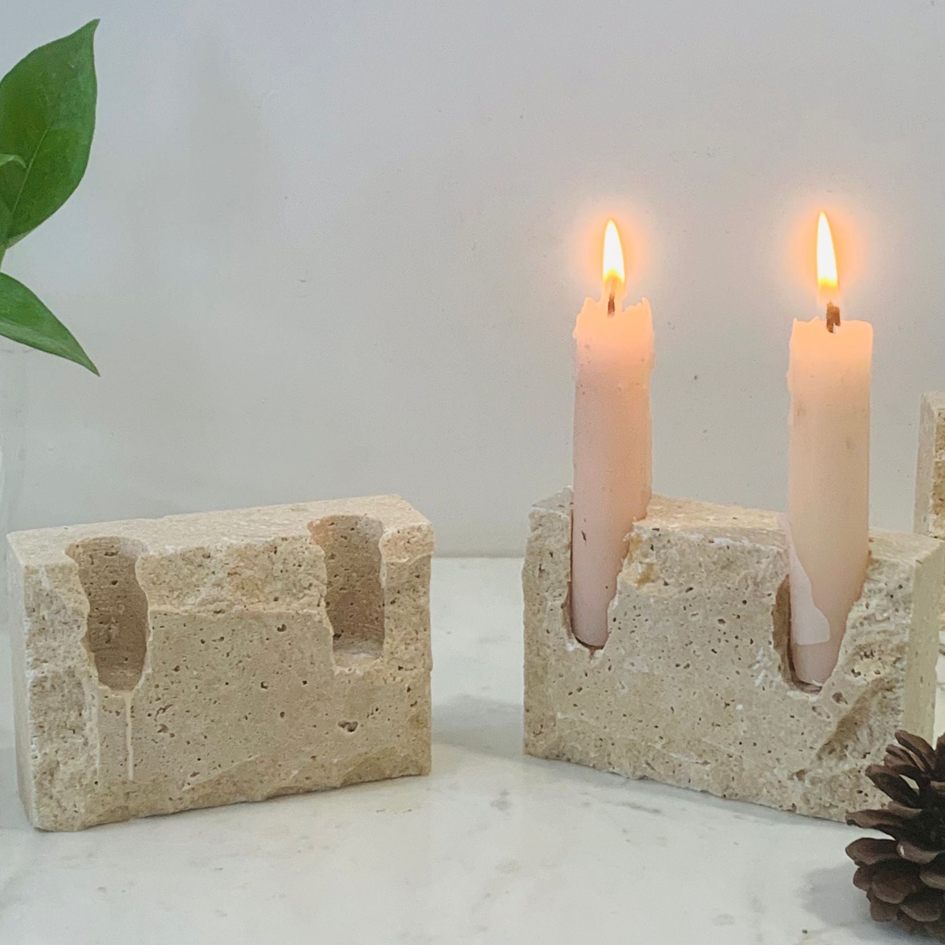 Monolith Travertine Dual Candle Holder - Crisp Habitat