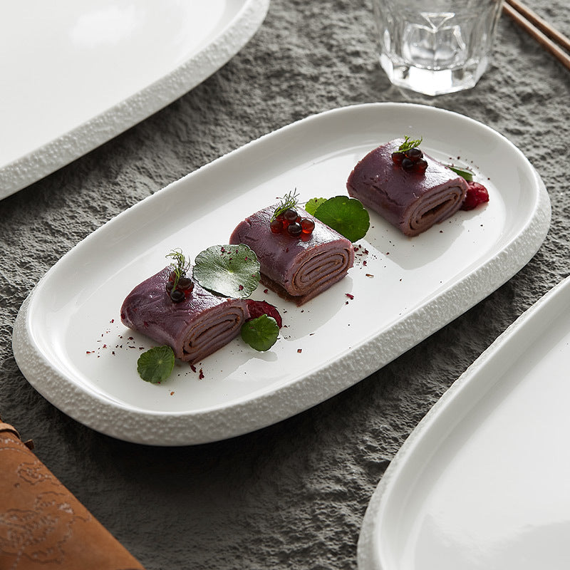 Elegant Stone Edge Ceramic Oval Plate - Crisp Habitat