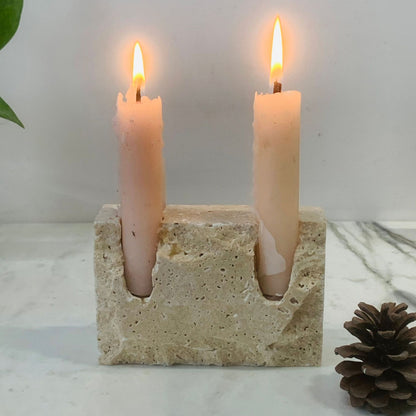 Monolith Travertine Dual Candle Holder - Crisp Habitat