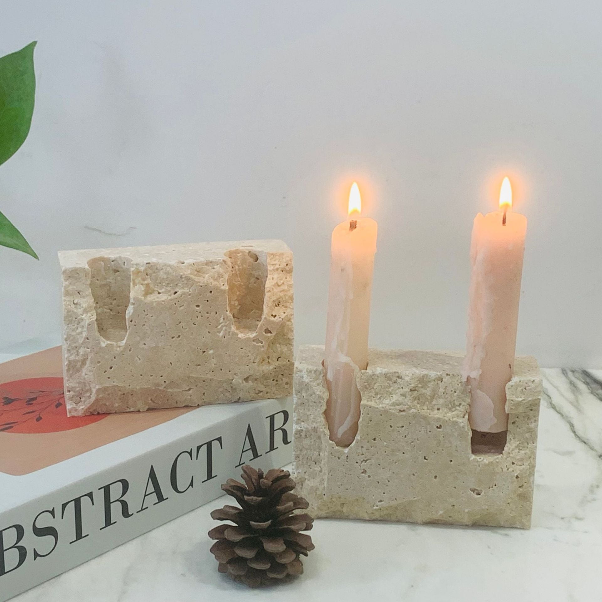 Monolith Travertine Dual Candle Holder - Crisp Habitat